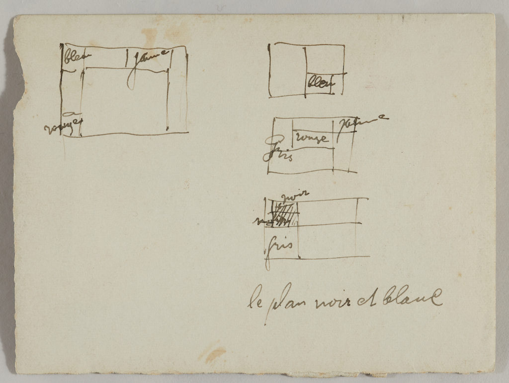 fig. 3. Piet Mondrian, Sketch with color instructions for the ‘Stage set model for Michel Seuphor’s L’éphémère est éternel‘, on the back of André Kertész’ photograph for the first act (1926) (ill. 1.), black ink on photographic paper, courtesy Lempertz Auction House, Cologne